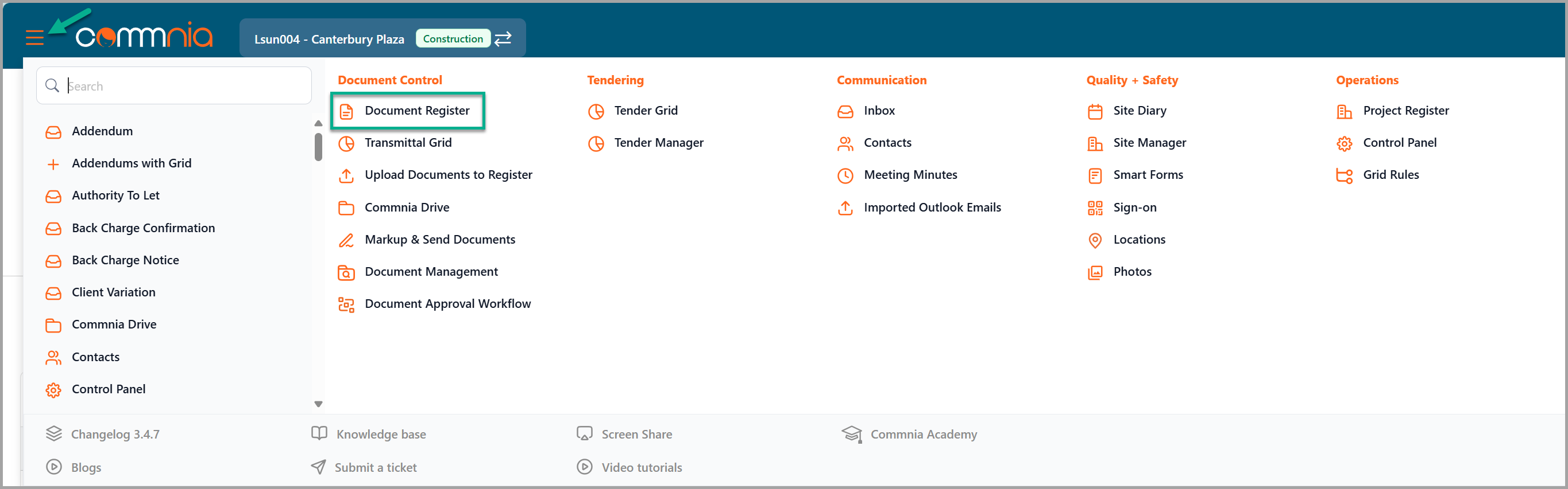 document register menu