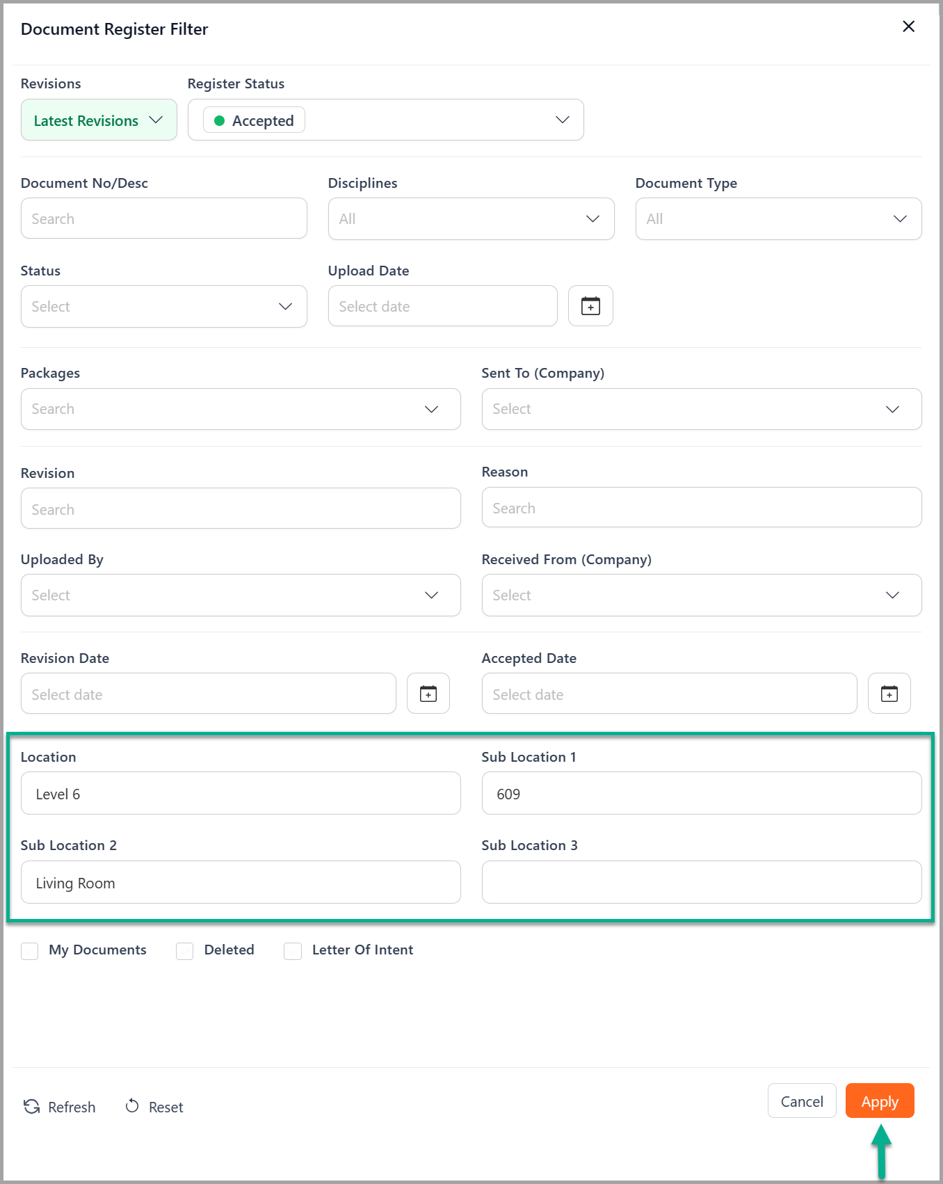 document register filter