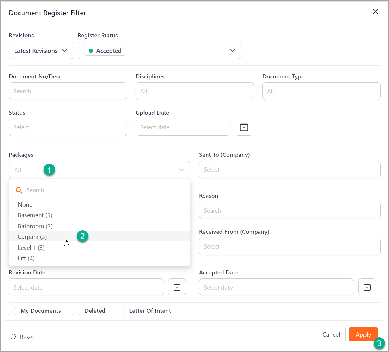 document register filter