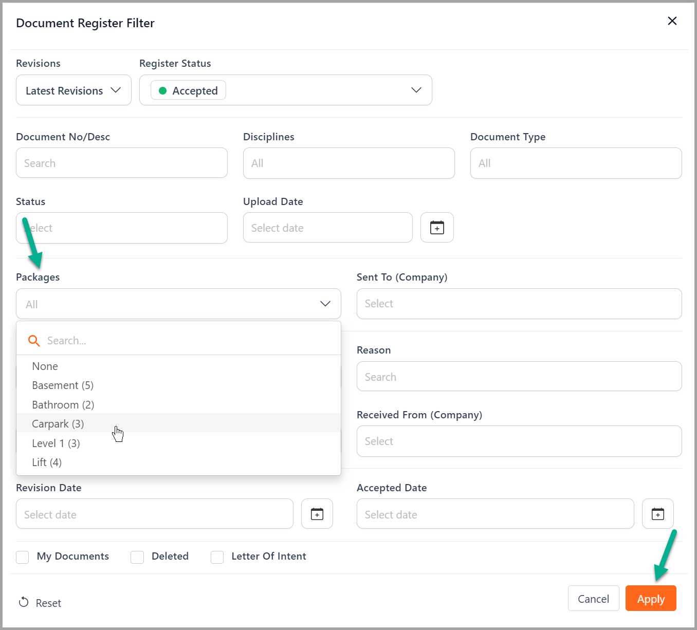 document register filter