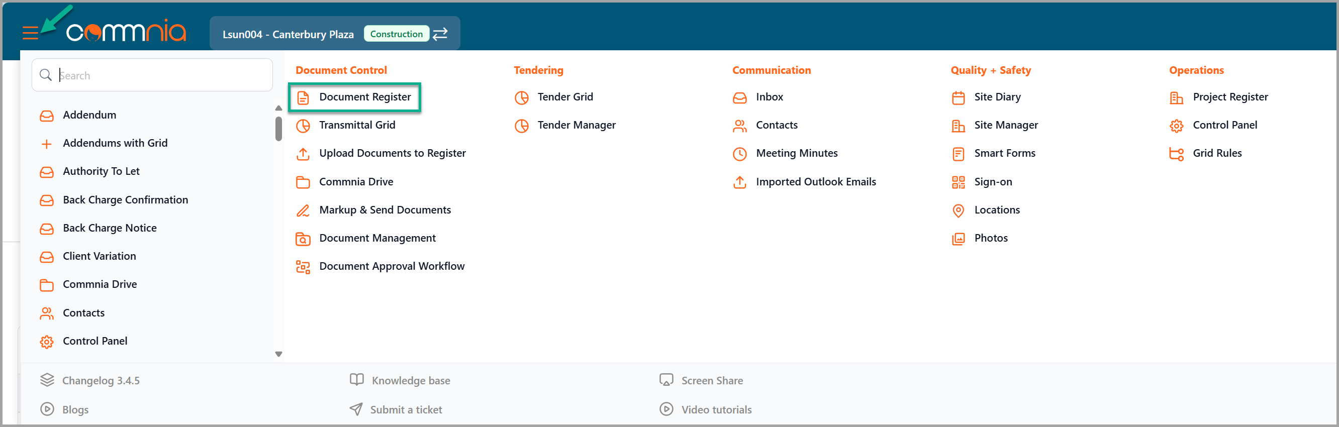 document register menu
