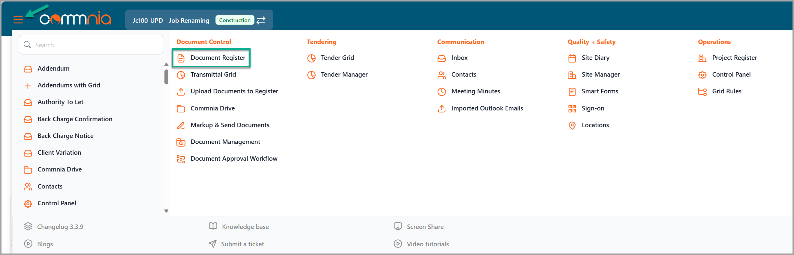 document register menu